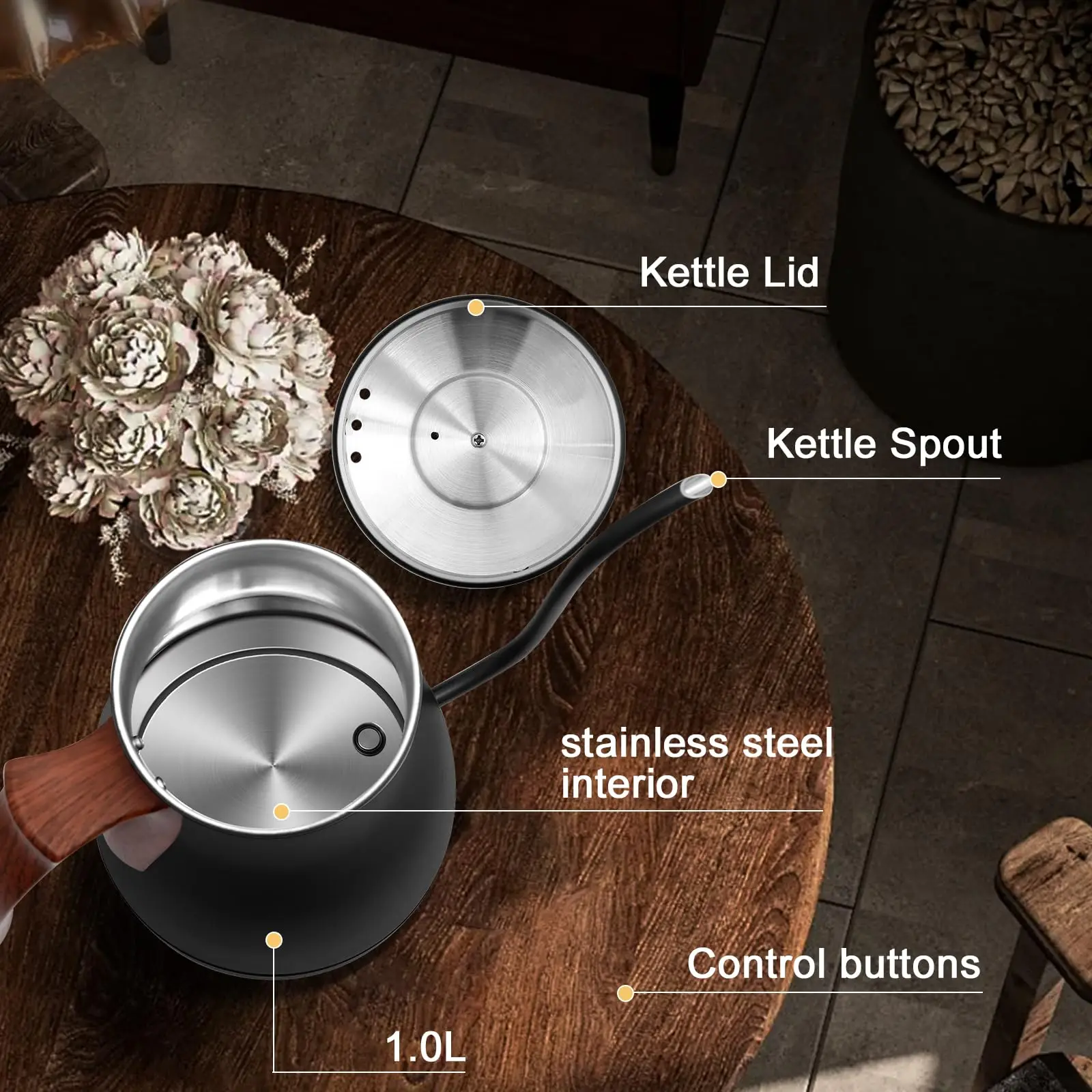 Gooseneck Electric Kettle 1200W Electric Tea & Coffee Kettle with Four Heating Modes Rapid Heating,±1℉ Temperature Control, 4