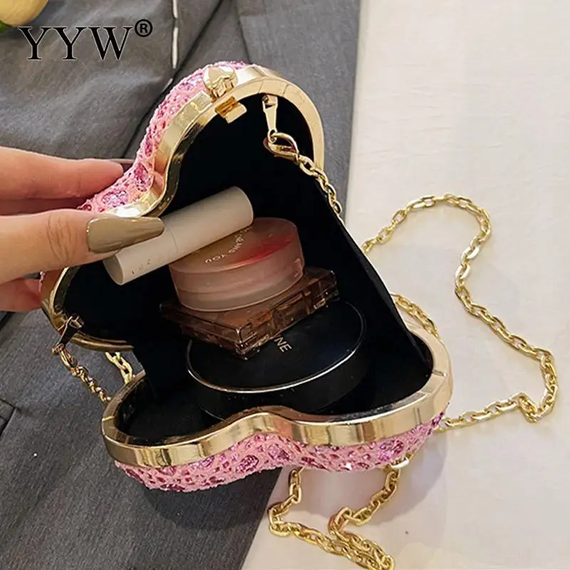 2023 Love Heart Shape Glitter Sequins Mini Clutch Handbag Women Bling Diamond PU Leather Messenger Purse Crossbody Shoulder Bag