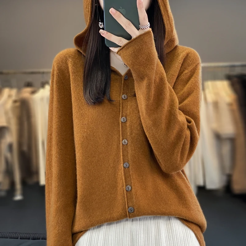 Women's Seamless Wool Hooded Cardigan Women's Autumn And Winter Loose Relaxed Long Sleeve Cashmere Knitted Large Top