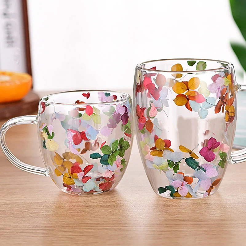 Glass Cup Creative Double Wall Glass Cup Dried Flower Filler Glass Cups Tea Coffee Cups Gifts High Borosilicate With Handles