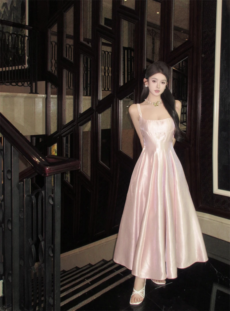 Elegant Satin Midi Dresses for Women Sleeveless High Waist Evening Party Dress A-line Prom Robe Korean Fashion Summer Vestidos