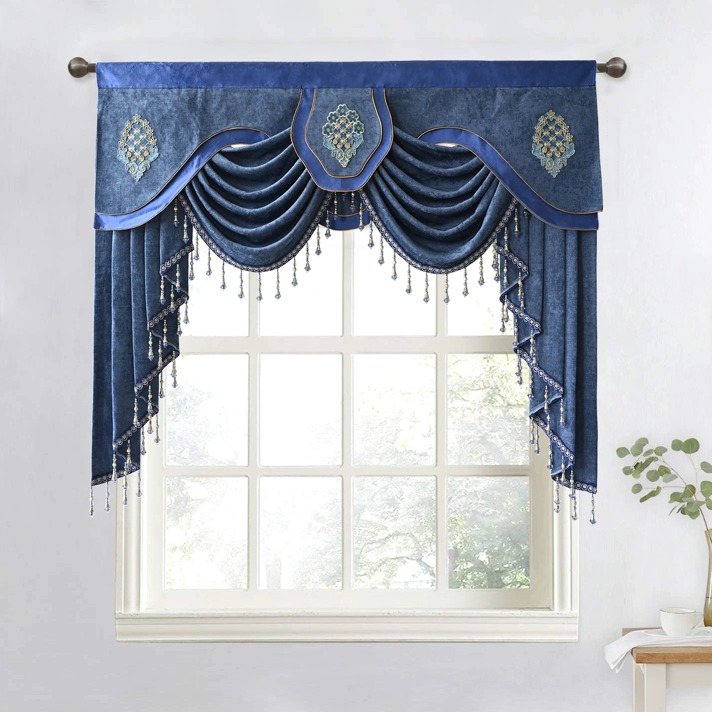 

European Waterfall Tassel Valance Curtains for Living Room Decorative Luxury Chenille Swag Valances with Beads Drapes for Window