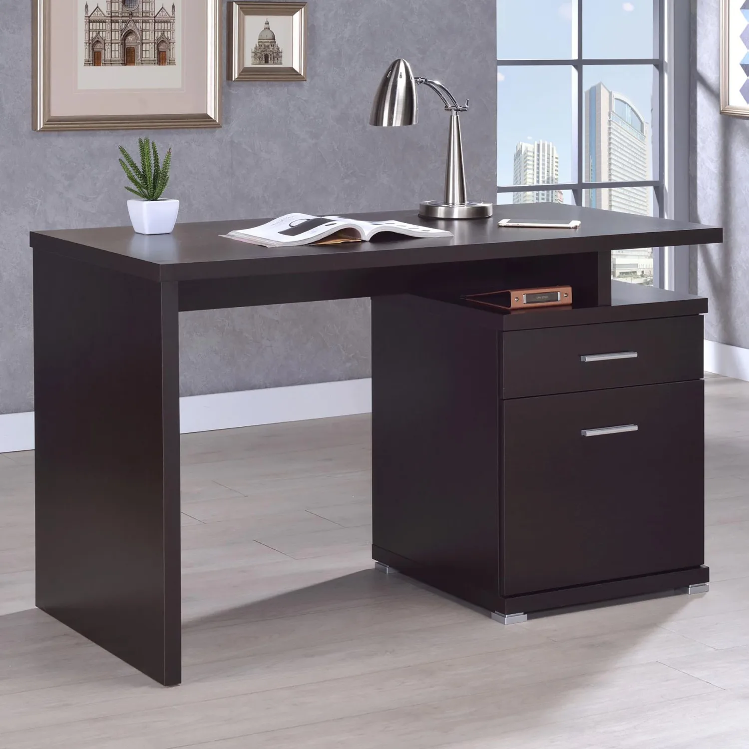 

Reversible Cappuccino Office Desk with Two Spacious Drawers for Convenient Storage and Organization desk