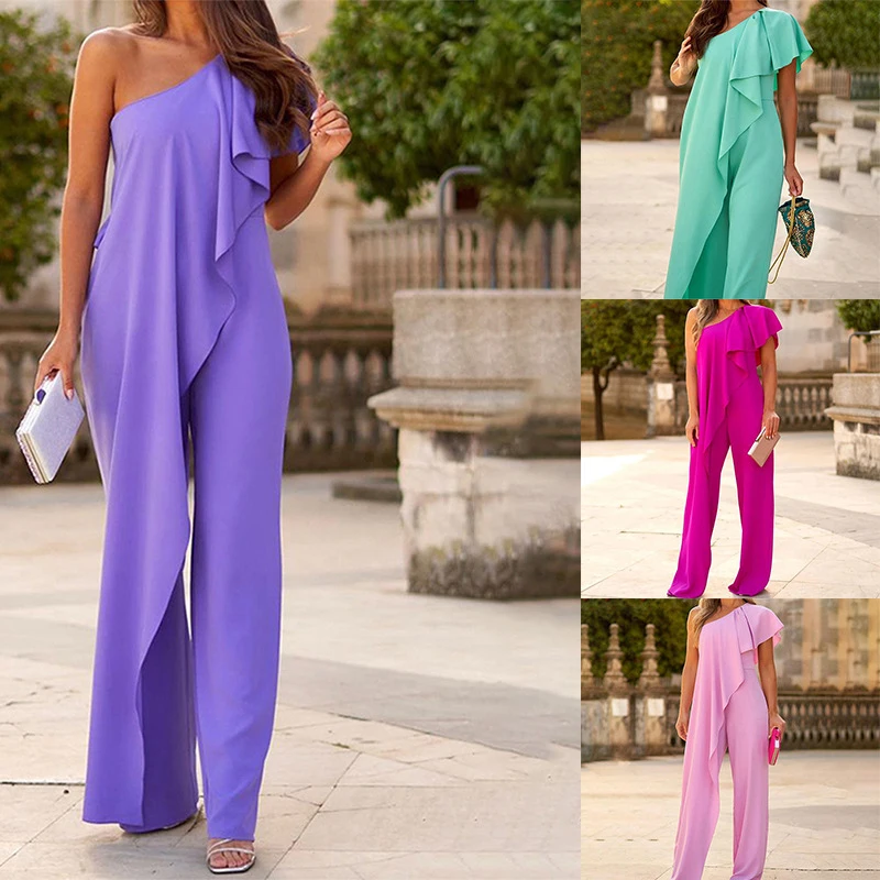 

Women's New Summer Solid Color Temperament Oblique Shoulder Fashion Evening Dress High Waist Loose Wide Leg Jumpsuit