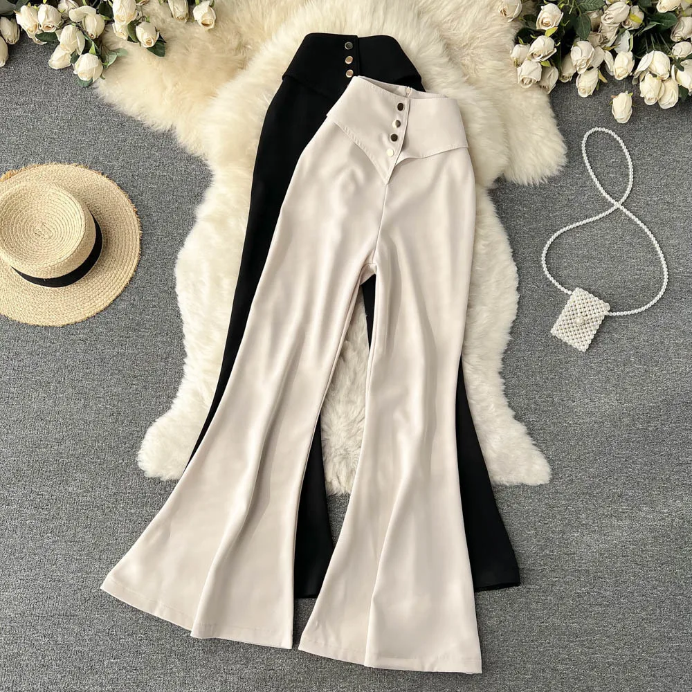 

Fashion Elegant Korean Style Pants For Women High Waist 2023 Spring New Designs Flared Trousers Button Fly Ladies Office Wear