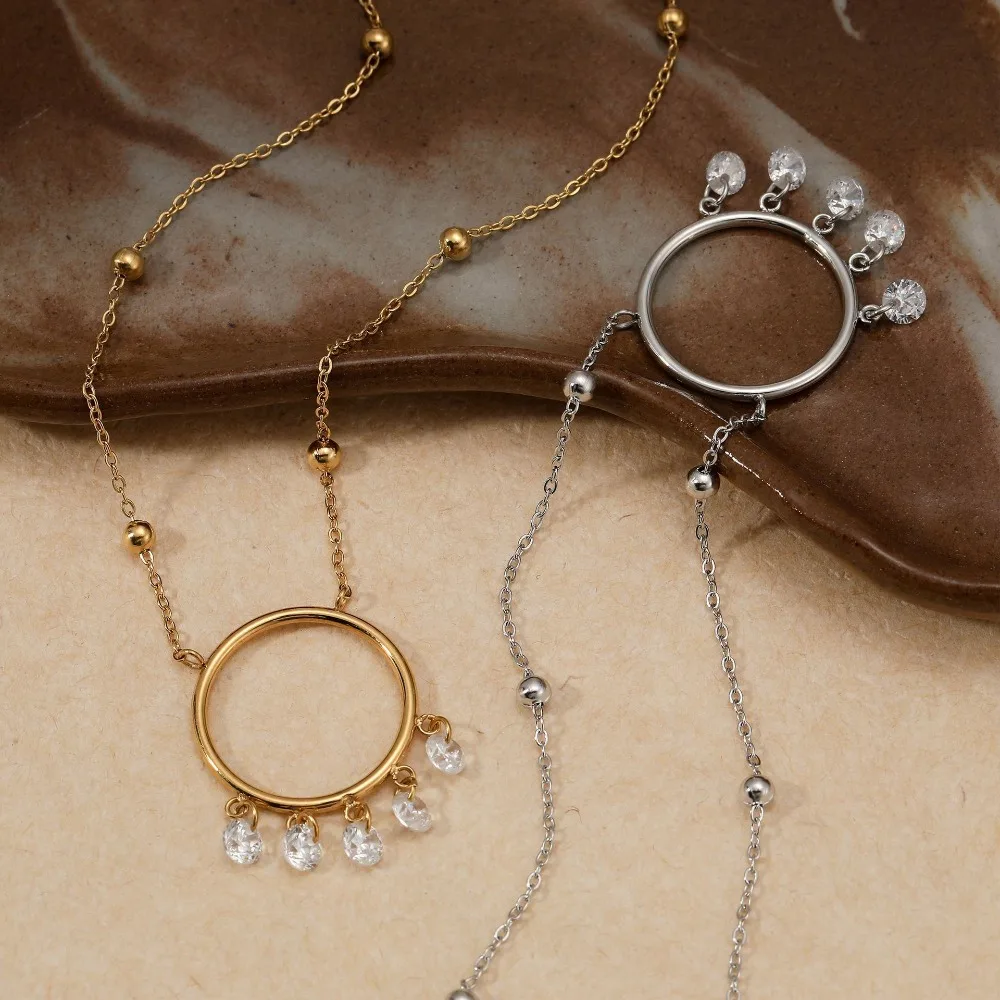 Minimalist Big Circle Shiny Zircon Pendant Neckalce One Piece Gold Plated Round Bead Chain Crystal Choker Waterproof Jewelry