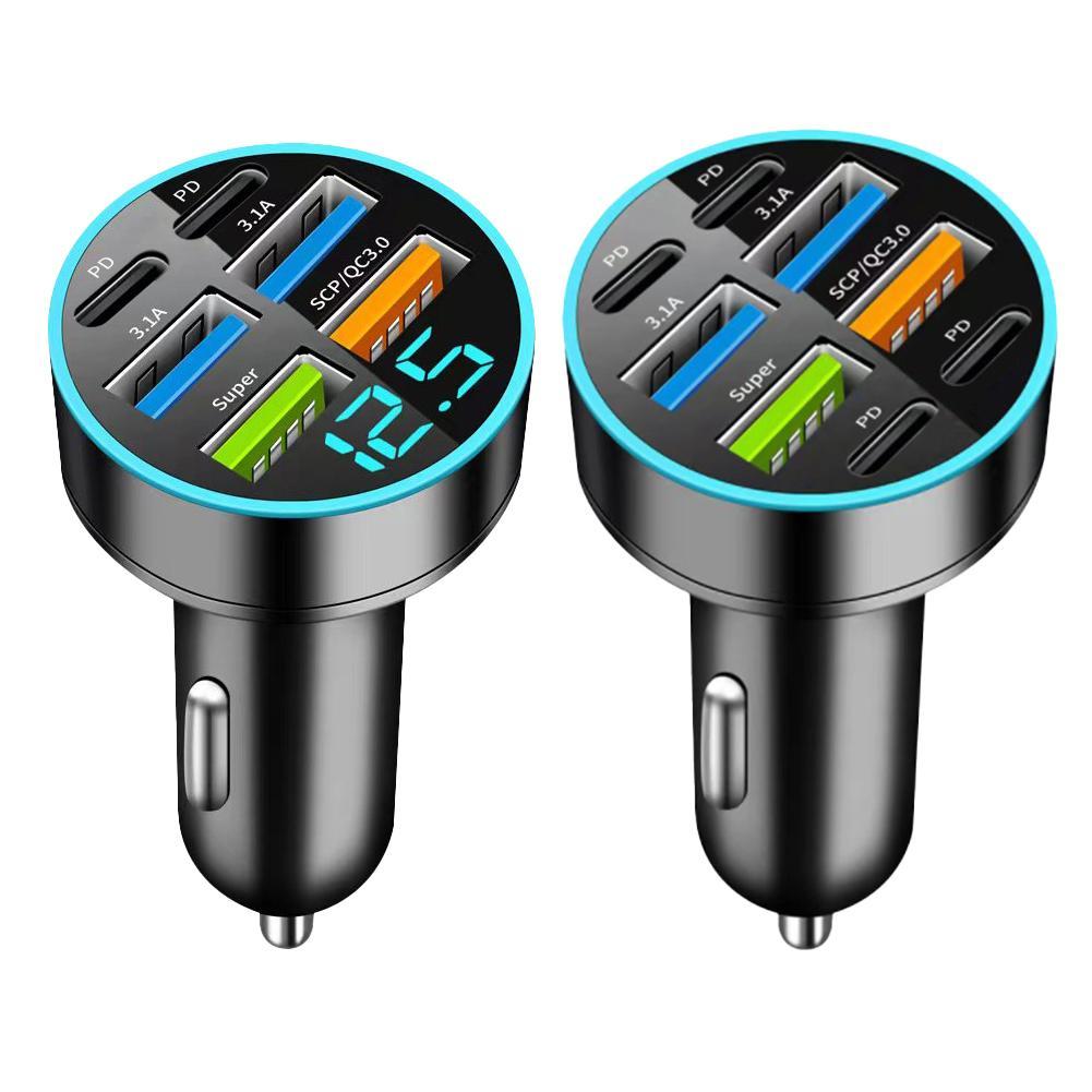 100W 6 Ports USB PD Car Charger Fast Charging Car Phone Adapters Digital Display For IPhone Quick Charger In Car