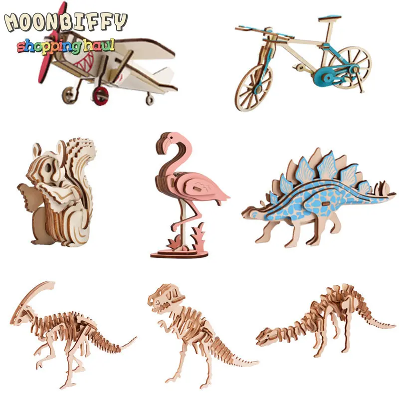 

3D Solid Wooden Dinosaur Skeleton Puzzle Children Educational Montessori DIY Inserting And Assembling Model Toy Gifts For Kids