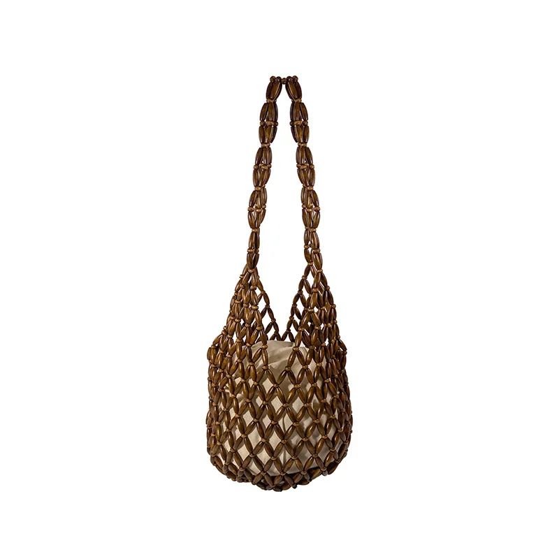 Wooden Beading Hollow-out Tote Bag for Holiday Travels Date Handmade Beaded Shoulder Bag Casual Beach Handbag for Women