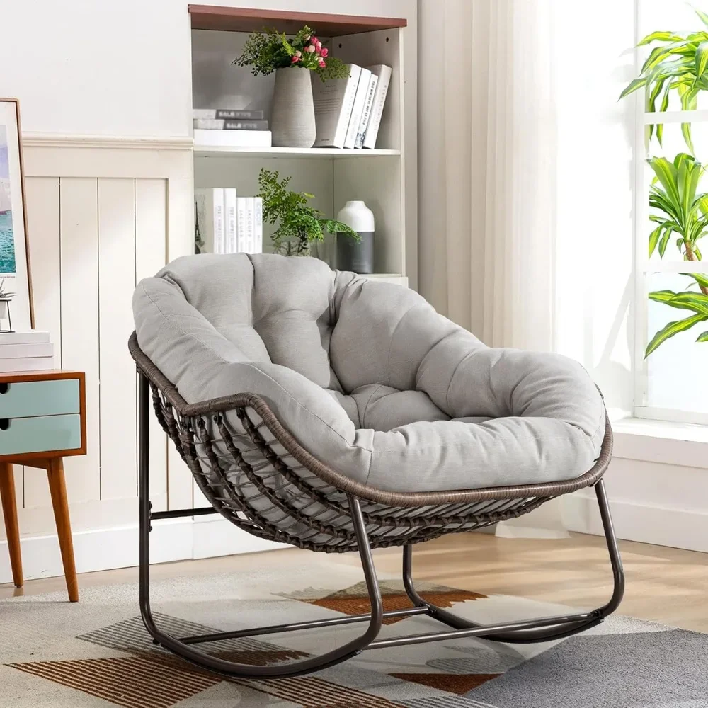 Oversized Rocking Papasan Chair with Thick Cushion and Frame Outdoor Rocker, Comfy Wicker Egg Chairs Lounge for Backyard Balcony 3