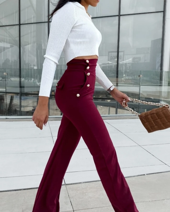 Women's Commuter, Leisure, Versatile, Intellectual, Elegant, Solid Color Button High Waist Pocket Design Ribbed Pants