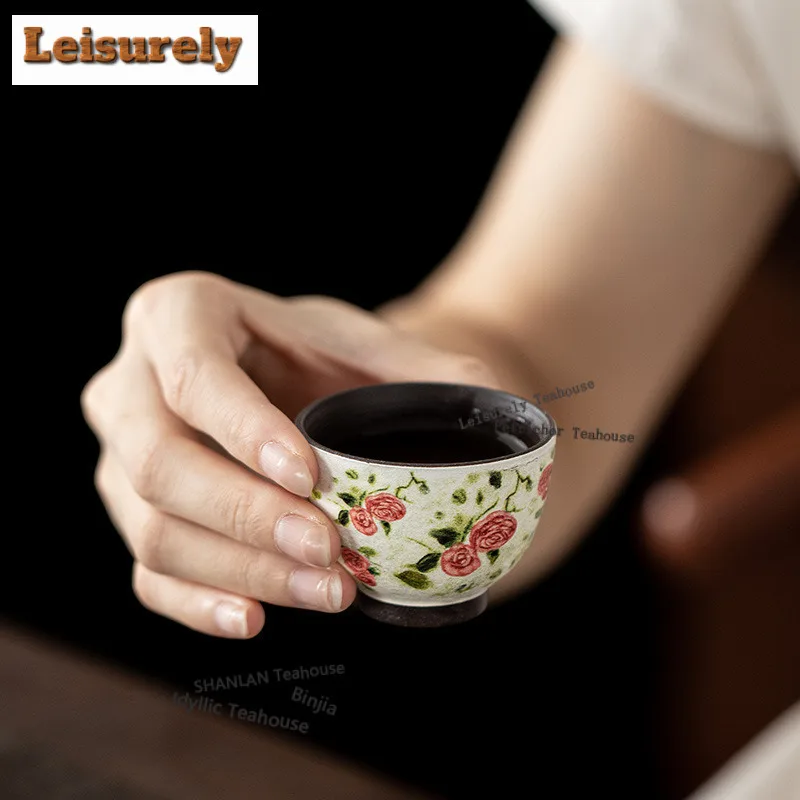 50ML Oil Painting Style Rose Flower Whisper Teacup Luxury Tea Bowl Tea Pair Tea-tasting Meditation Cup Chazhan Master Cups Cha
