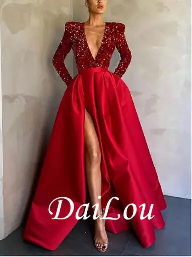 A-Line Sparkle Party Wear Formal Evening Dress V Neck Long Sleeve Floor Length Satin Sequin With Crystals Split 2022 Red