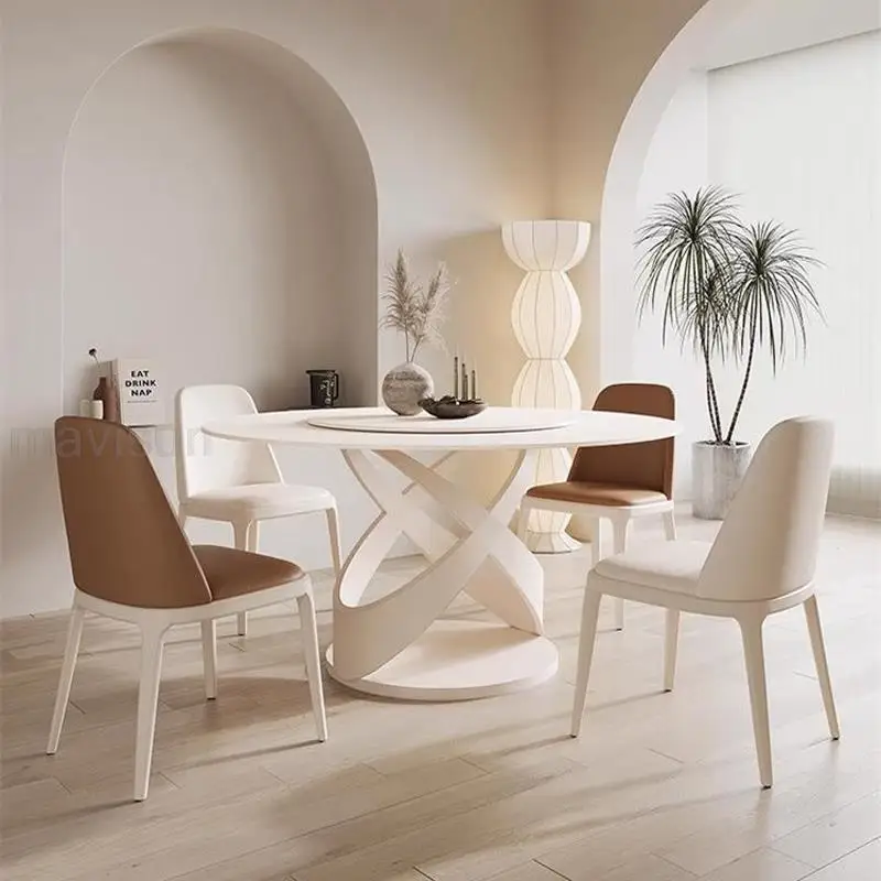 

Round Cream Style Table For Kitchen Overall White Household Rock Slab Desktop Dining Table With 360°Rotating Turntable Furniture