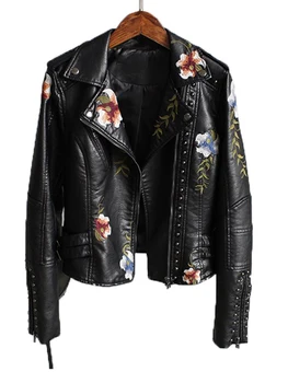 Ftlzz Women Floral Print Embroidery Faux Soft Leather Jacket Coat Turn-down Collar Casual Pu Motorcycle Black Punk Outerwear 4