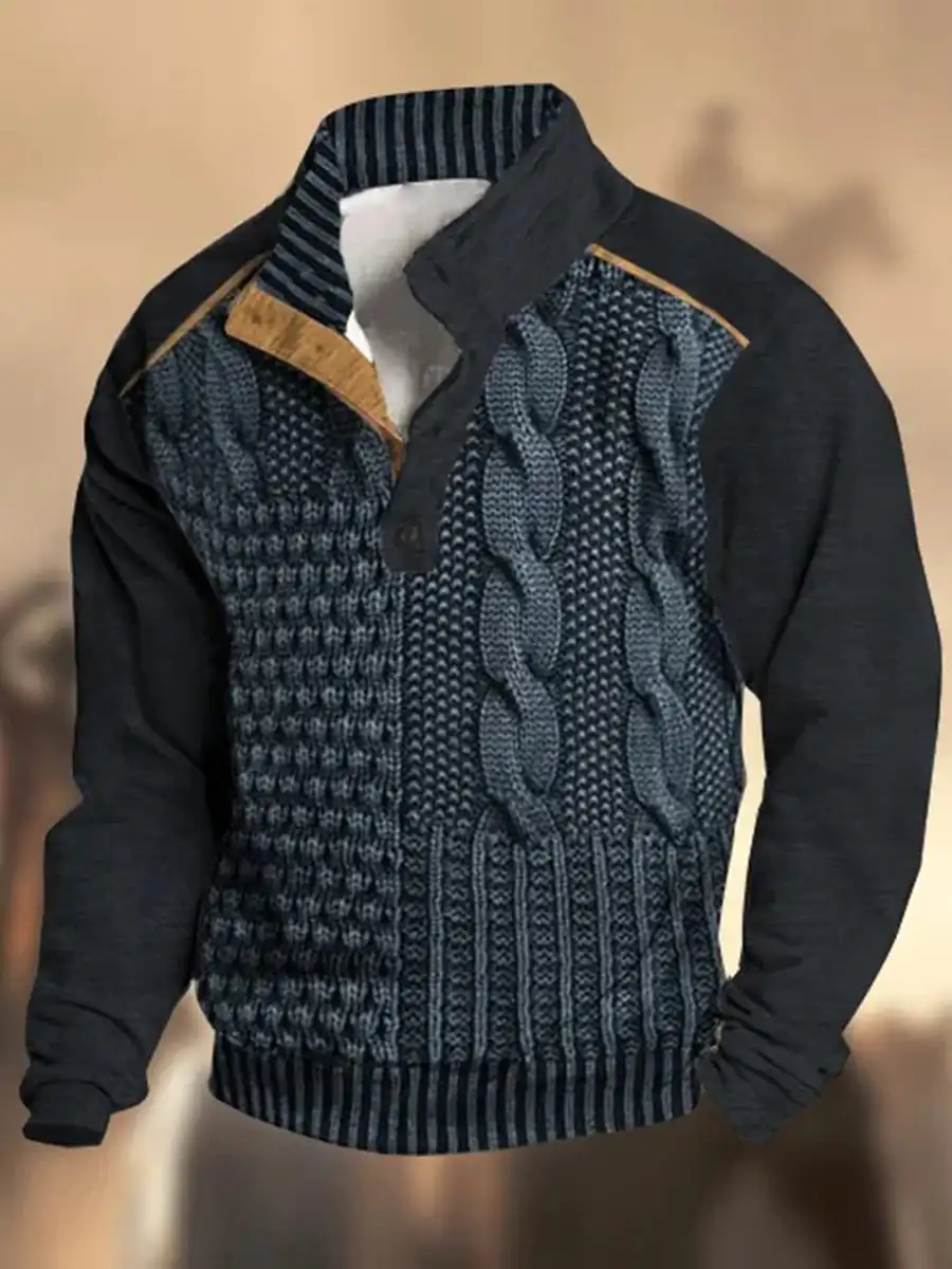 Retro Texture Pattern Printed Western Vintage V Neck Outdoor Thick Sweatshirt Knitted Coat Mens Winter Warm Slim Sweatercoat