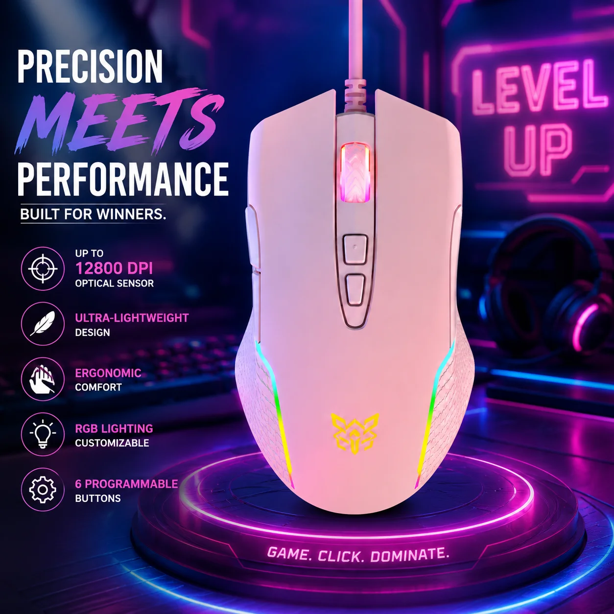 Mouse Ottico da Gaming RGB Colorato a 7 Pulsanti 6400DPI, Mouse Ergonomico Cablato Retroilluminato per Computer, Laptop, Desktop e Accessori PC - immagine 3