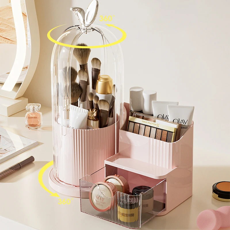 360° Rotating Cosmetic Brush Shelf Organizer Cosmetic Display Case Desktop with Drawer Storage Organizer For Living Room Bedroom 5