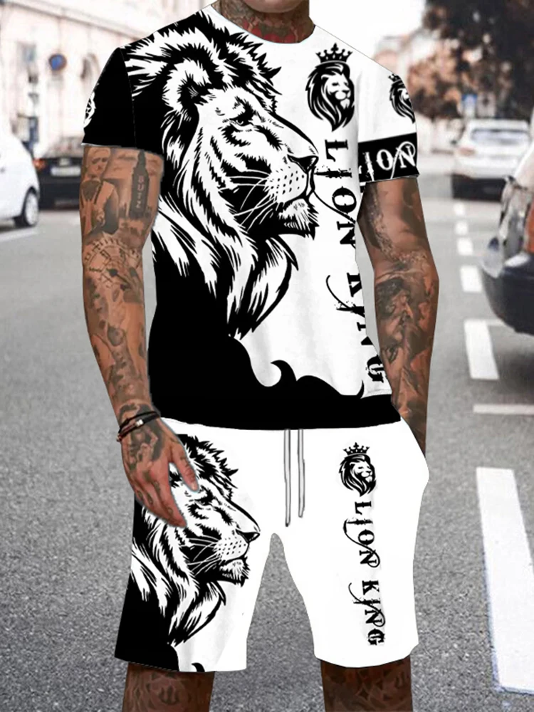 Casual Everyday Short Sleeve+ Shorts 2PCS Set Cool The Lion King 3DPrint T-Shirt +Drawstring Short Set Men's Camping