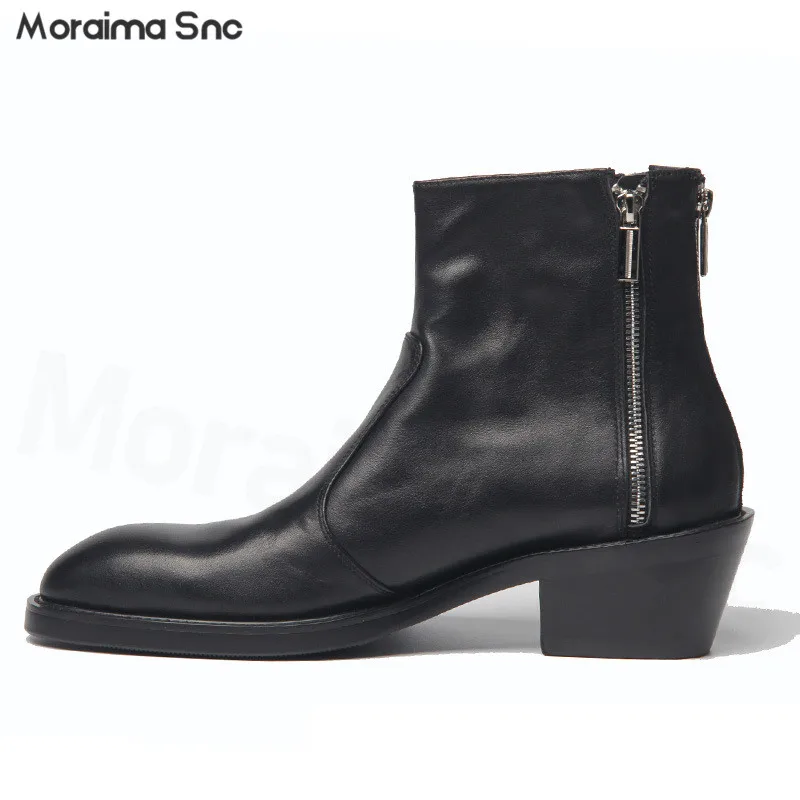 

Black Leather Double Zipper Chelsea Boots Men's Head Layer Cowhide High Heels British Style Ankle Boots Fashion Men's Boots