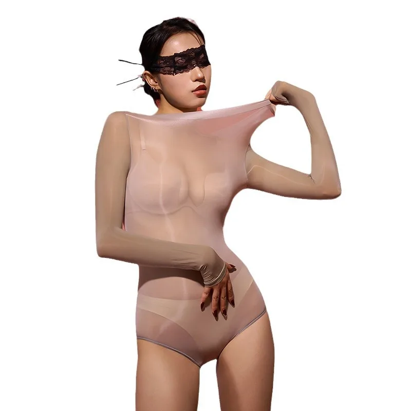 Women's Shiny High-Cut Glossy Bodycon Bodysuit with Sheer Seamless Design