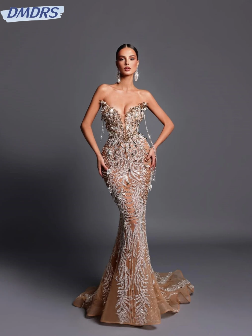Bonnie Cabestro Tul Con Cuentas Largo Vestido Champán