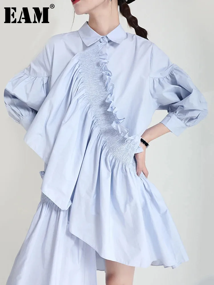 

[EAM] Women Blue Ruffles Irregular Shirt Dress New Lapel Three-quarter Sleeve Loose Fit Fashion Tide Spring Summer 2024 1DE0811