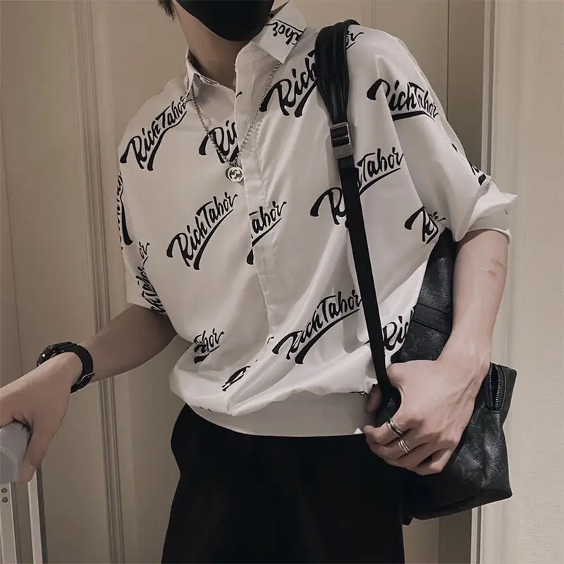Casual Fashion Printing Letter Man Shirt New Five-point Sleeve High Quality Point Collar Street Wear Trend All-match Top 2022