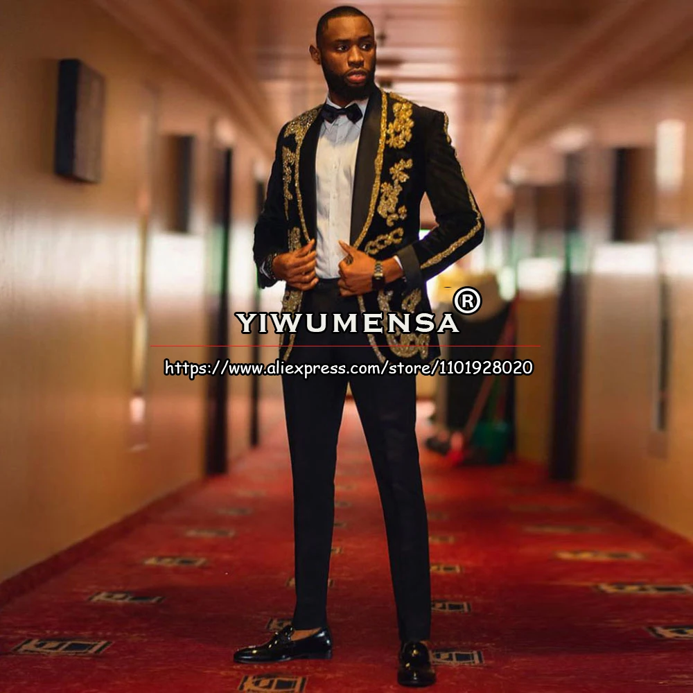 

Tailored Made Black Suits Men Gold Appliques Formal Wedding Groomsman Tuxedos 2 Piece(Jacket&Pant) Slim Fit Business Blazer Sets