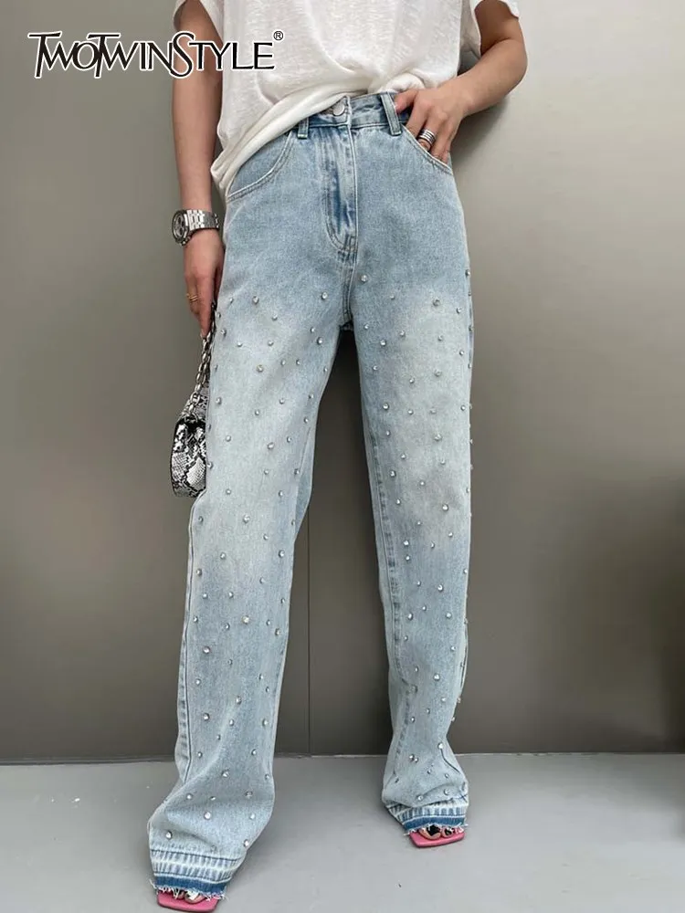 TWOTWINSTYLE Vintage Spliced Button Jeans For Women High Waist Patchwork Diamonds Temperament Wide Leg Denim Pant Female Clothes