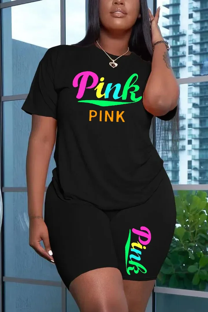 Summer Women\'s Suit Fashion Positioning Print Casual Short Sleeve Top Shorts Plus Size Two Piece Set Tracksuits 2 Pieces Outfit