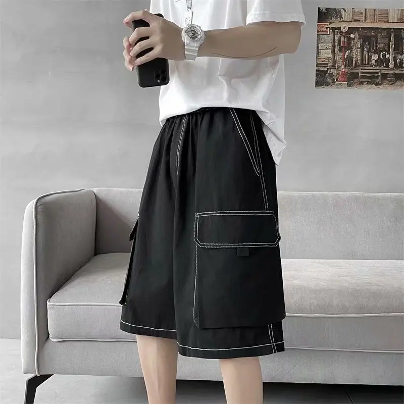 Japanese Style Summer Elastic Waist Pockets Solid Color Bright Line Decoration Knee Length Shorts Men's Loose Straight Pants