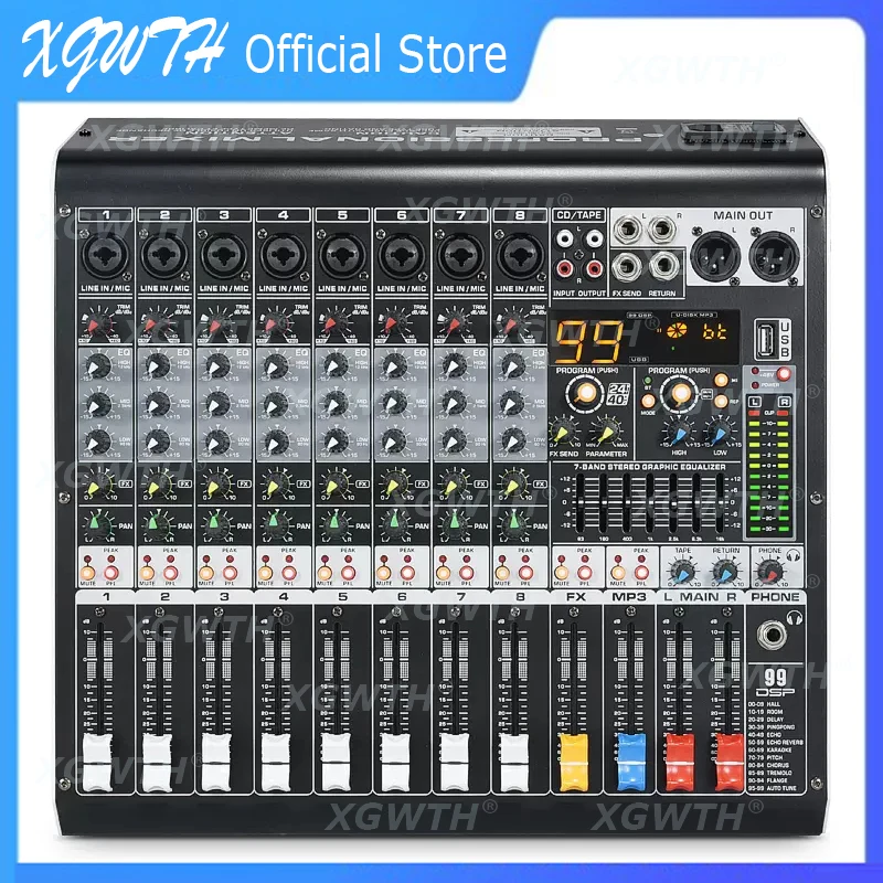 8 채널 디지털 믹서 사운드 오디오 믹싱 콘솔, 99 DSP 디지털 효과 블루투스 USB MP3 DJ 잔향 리버브 콘솔