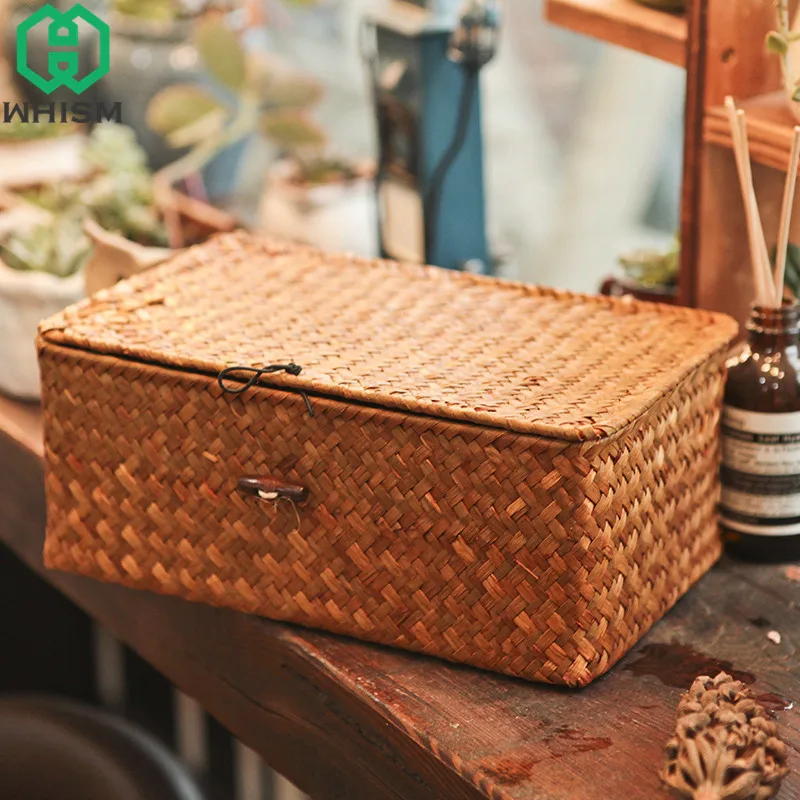 WHISM-Wicker Woven Storage Basket with Lid, Rattan Sundries Storage Box, Handmade Sorting Boxes, Seagrass Jewelry Organizer 5
