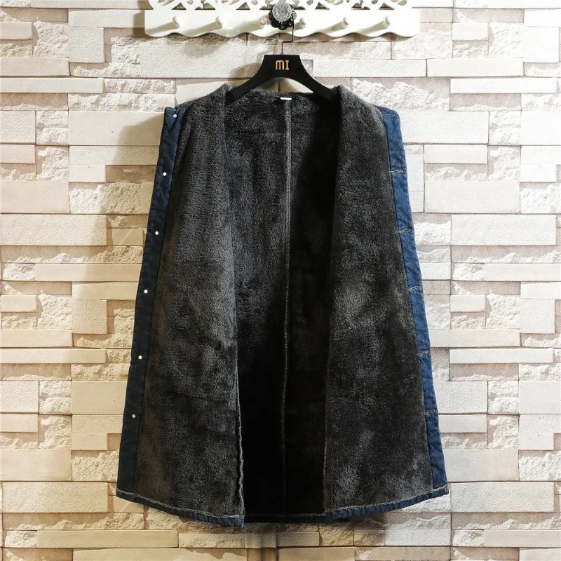 Men's Denim Trench Coat Mid-length Autumn-winter Retro Casual Loose Fleece Large Size Lapel Coat