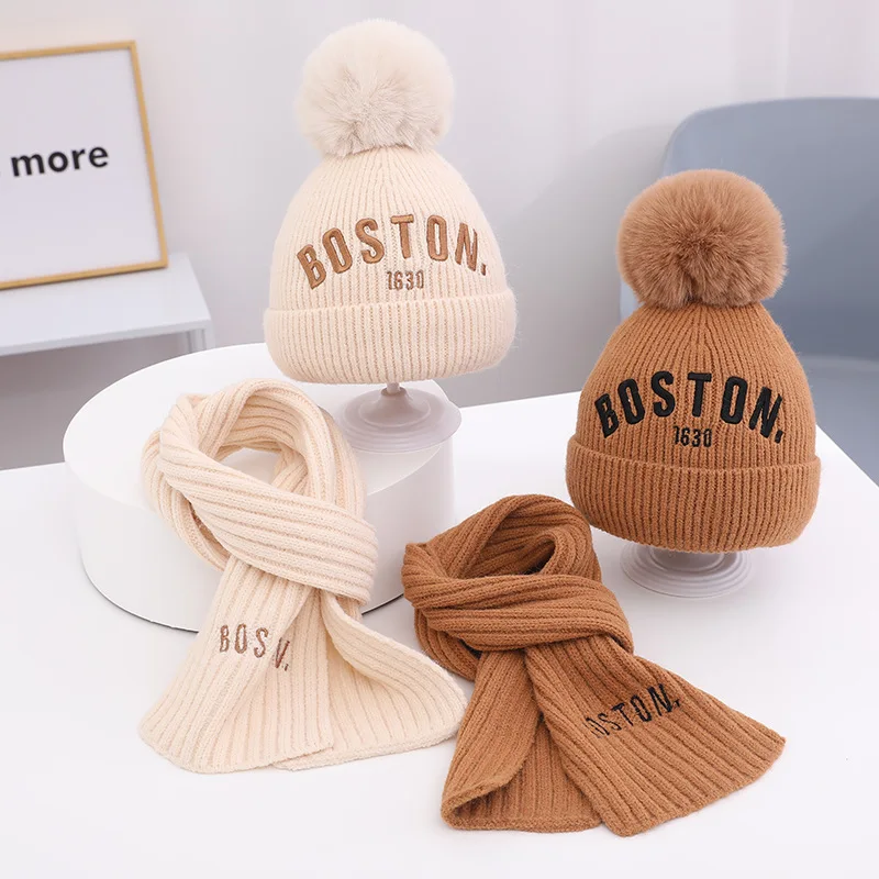 Doitbest baby kids beanie sets boston letters big fur ball 2 Pcs boys girls winter villus hat scarf set for 3 to 8 years