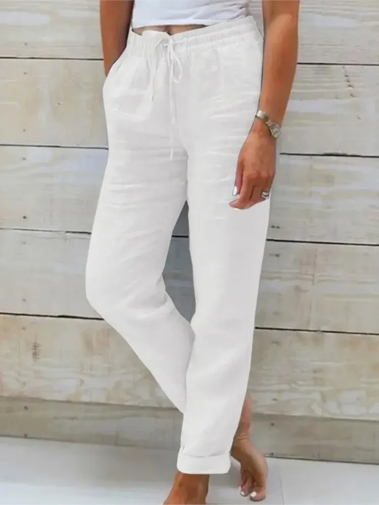 Pantalon De Plage Femme Coton Lin Taille Élastique Poches - Grande Taille Décontracté Uni