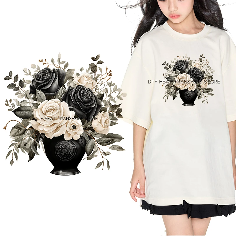 DTF 다리미 온 패치, 아동복 열 전달 패치, 검정색 수채화 장미 꽃 다리미
