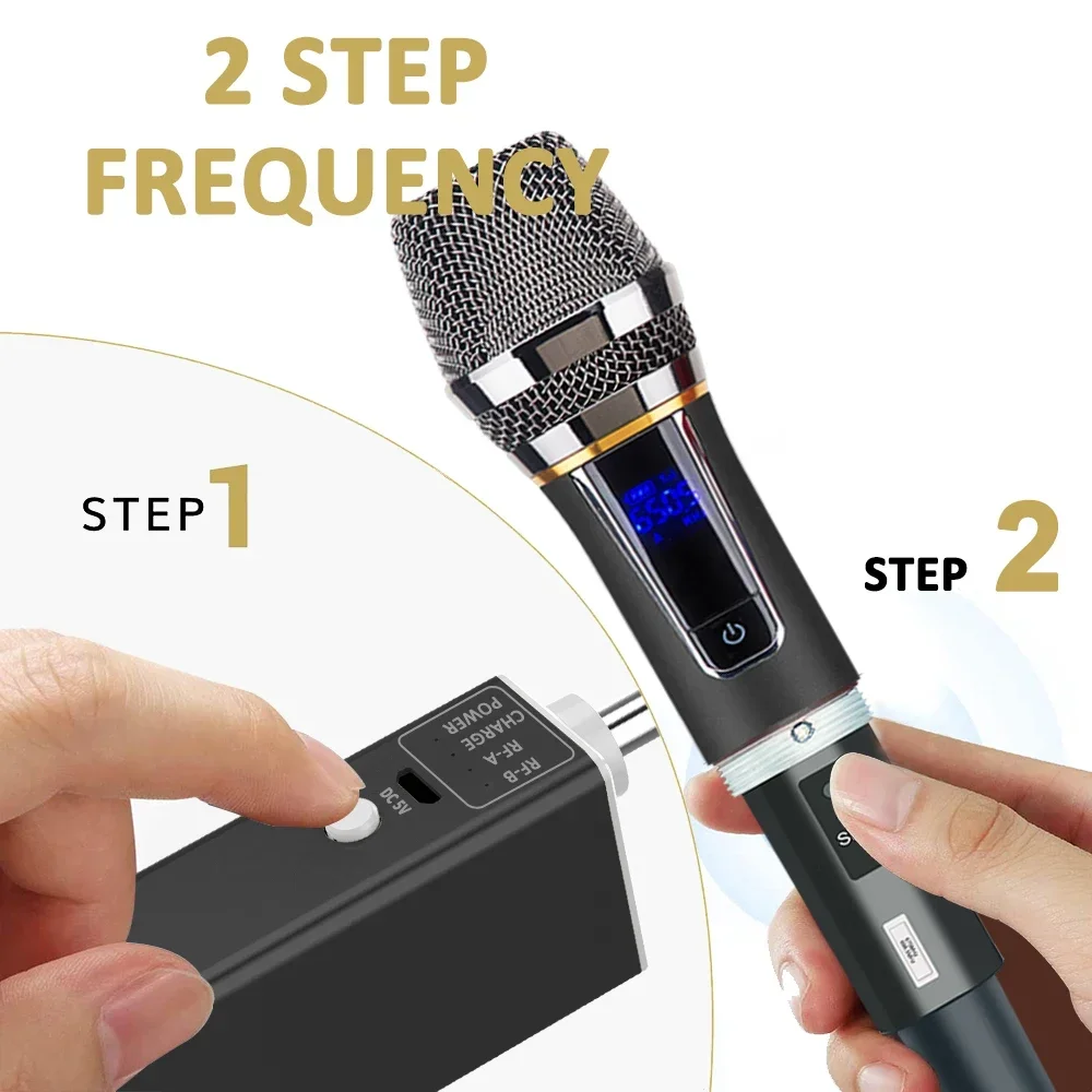 Wireless Microphone 2 Channels UHF Professional Handheld Mic Micphone For Party Karaoke Church Show Meeting 50 Meters Distance