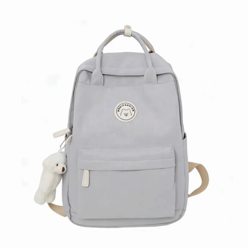 Solid Large Capacity Student Backpack Zipper Nylon Academy Girl's School Bag Spacious Multi-Pocket Plush Pendant Teens Rucksack 1