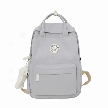 Solid Large Capacity Student Backpack Zipper Nylon Academy Girl's School Bag Spacious Multi-Pocket Plush Pendant Teens Rucksack 1