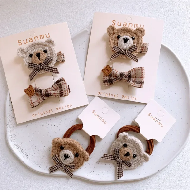 

New Fashion Children's Cute Woolen Cartoon Little Bear Hair Rope Sweet Girl Princess Plaid Fabric Bow Hairpins Hair Accessories