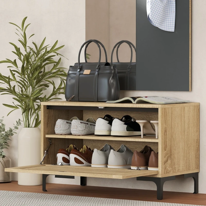 Flurset für den Eingangsbereich, Schuhbank, Spiegel, 3-Haken, offenes Regal, Flurmöbel, Naturholz + Grau, vor Ort – Detail 8