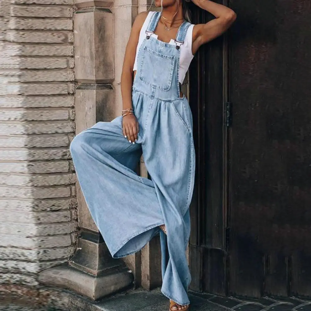 

Women Overalls Casual Wide Leg Multi Pockets Solid Color High-Waist Loose Solid Color Denim Jumpsuit комбинезон женский лето