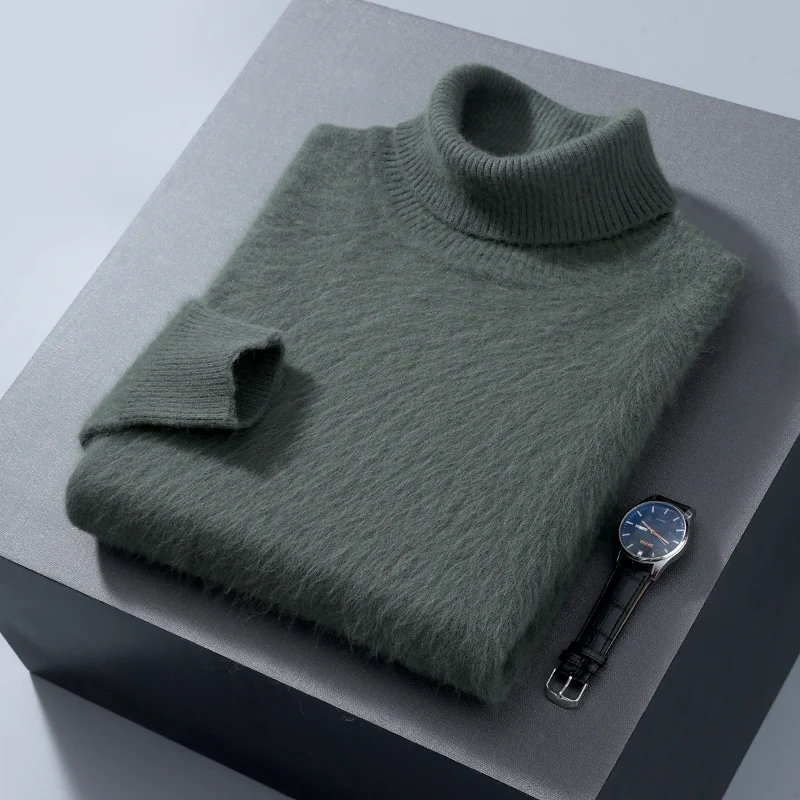 2024 Autumn/Winter Cashmere Sweater Men's Solid Color Thickened Casual Long sleeved Pullover Head High Polo Neck Fashion Knitwea 6