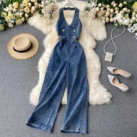 Women Summer Denim Jumpsuits Halter Backless Double Buttons High Waist Wide Leg Youth Jean Jumpsuit Rompersman - Image 3