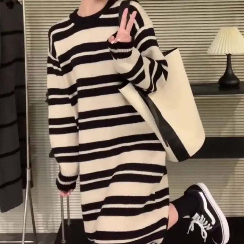 

Women's Cotton Knitted Bodycon O-neck Vacation Dress Striped Loose Fashion Dresses 2023 Autumn And Winter Female Vestidos R110