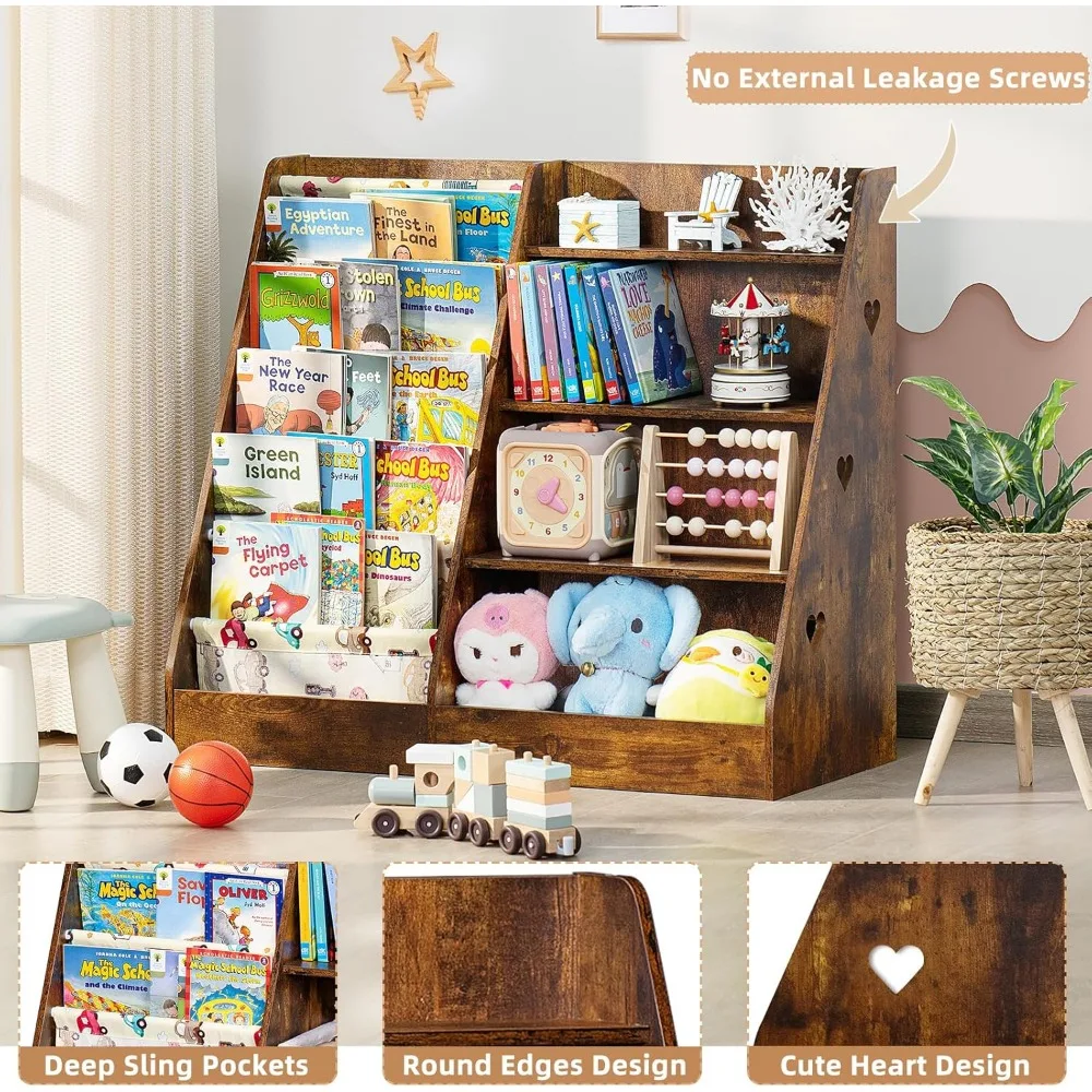 Kids Bookshelf and Storage Organizer,Sling Children Bookcase,Baby Toddler Wooden Book Shelf,Display Cabinet for Playroom,Bedroom 5