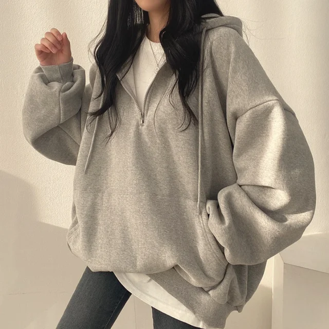Women Hoodie Harajuku Loose Oversized Solid Color Top Half Zip Up Sweatshirt