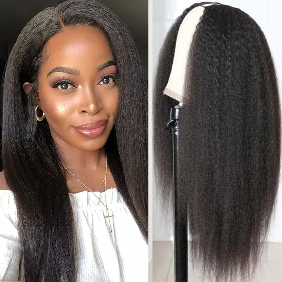 Yaki Straight Human Hair Wig para mulheres negras, cabelo virgem sem cola, Kinky e reto, sem deixar de fora, V Part, 180% Densidade, brasileiro